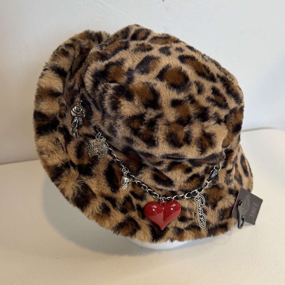 Ed Hardy Y2K Leopard Print Faux Fur Boho Bucket Hat With Charms - Picture 2 of 5